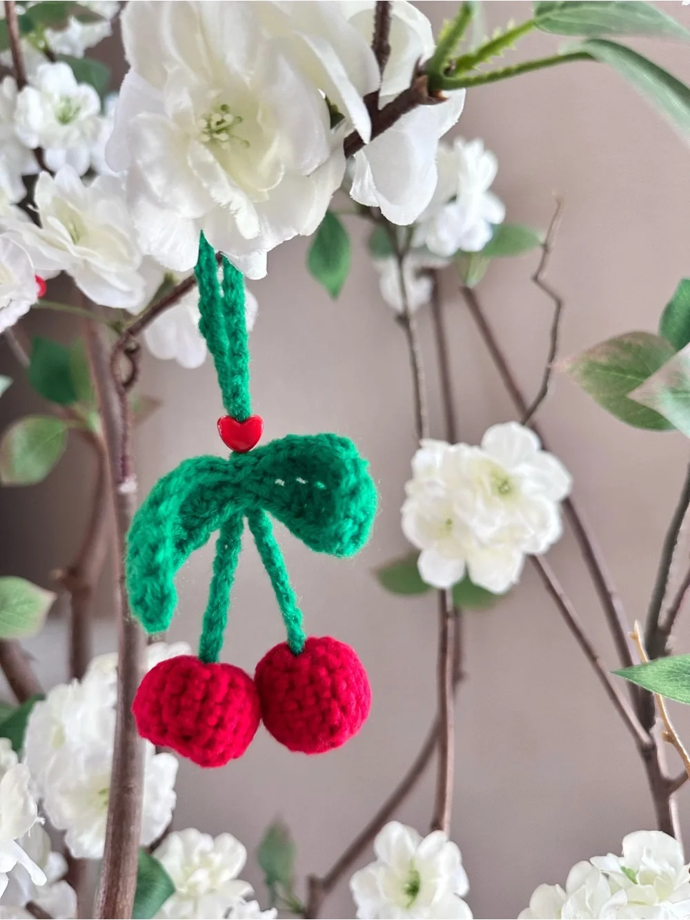 Crocheted Cherry Key Charm Card Holder - Red & Green